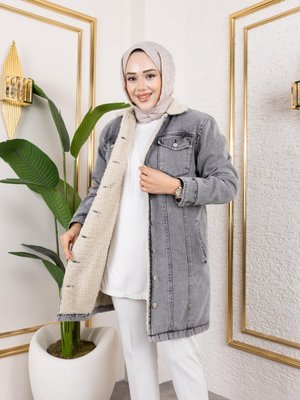 Harmatime butik Cepli Düğmeli İçi Kürklü Uzun Gri Kot Ceket