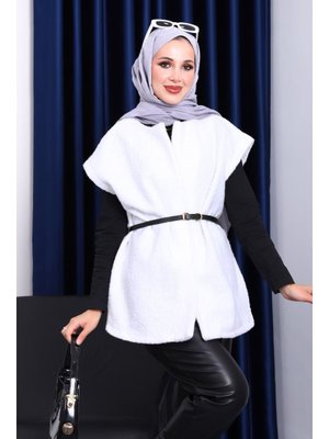 İmaj Butik Ekru Bel Kemerli Buklet Yelek