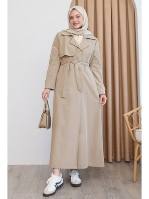 InStyle Kapak Detay Uzun Astarlı Sütlü Kahve Trençkot