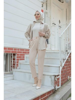 Destemoda Bej Havuç Paça Likralı Zara Krep Pantolon