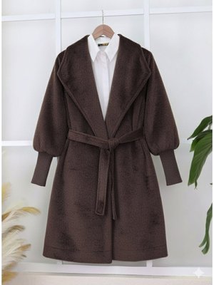 Podyumplus K. Kahve Kolu Ribanalı Şal Yaka Astarlı Kaşe Kaban