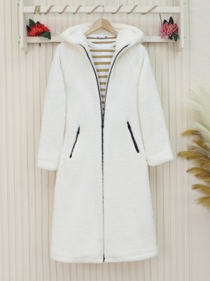 Podyumplus Ekru Astarlı Kapüşonlu Kuzu Pelüş Kışlık Kaban