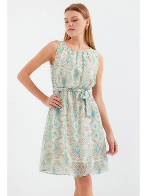 Bigdart Mint Desenli Sıfır Kol Şifon Elbise