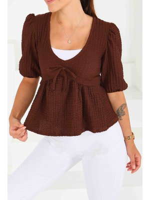 Tofisa Kahve Buffle Kısa Kollu Bluz