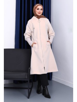 İmaj Butik Krem Kapüşonlu Angora Kaban