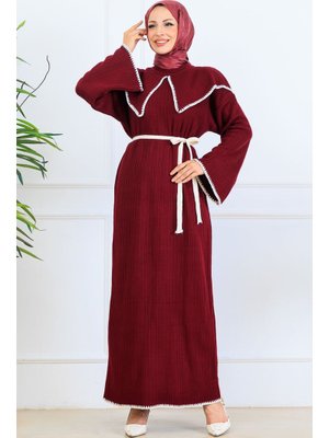 Benguen Bordo Yaka Detaylı Triko Elbise