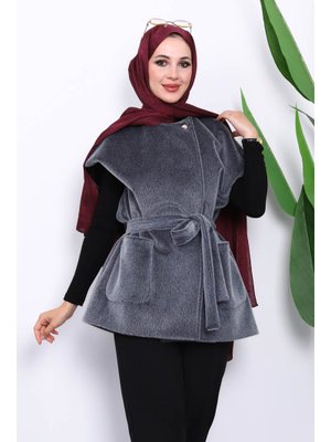 İmaj Butik Füme Cepli Kemerli Kaşe Yelek