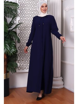 İhvanonline İndigo Düz Boynundan Bağcıklı Ferace