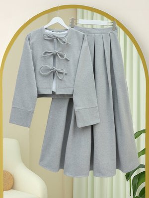 Podyumplus Gri Önü Bağcıklı Etekli Kaşe Takım