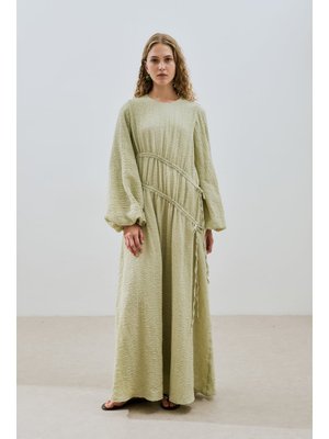 MANUKA Yeşil Büzgü Bağlamalı Dokulu Elbise