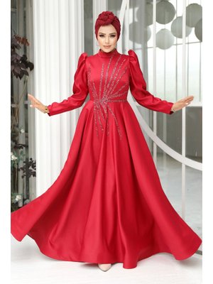Neva Style Boncuk İşlemeli Bordo Saten Abiye Elbise 2265br