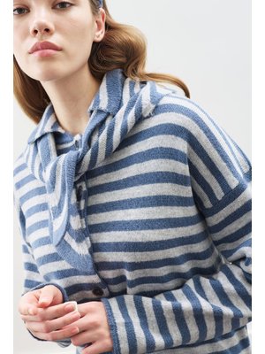 MANUKA Atkı Detaylı Çizgili Hırka İndigo