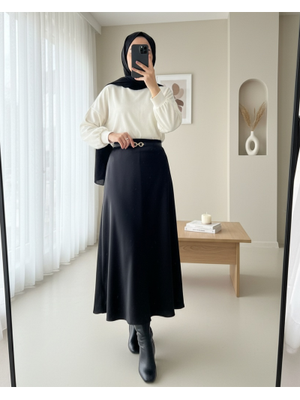 Podyumplus Siyah Beli Lastikli Saten Etek