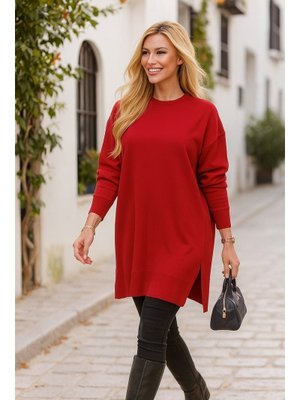 Neva Style Kırmızı Triko Kazak Tunik 17203k2