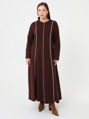 Alia Kahverengi Şerit Detaylı Elbise Büyük Beden