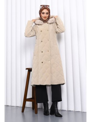 İmaj Butik Taş Kapüşonlu Kapitone Uzun Mont