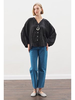 MANUKA Siyah Keten Crush Düğmeli Bluz