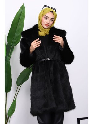 İmaj Butik Siyah Kemerli Astarlı Kürk Kaban