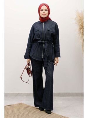 Tesettür Dünyası Koyu Mavi Beli Büzgülü Fermuarlı İkili Takım