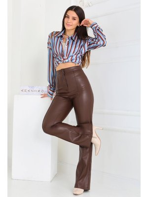 Tofisa Kahve İspanyol Paça Suni Deri Pantolon