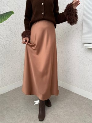 Podyumplus Tarçın Beli Lastikli Saten Etek