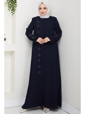 Hafsa Mina Lacivert Deri İşlemeli Ferace