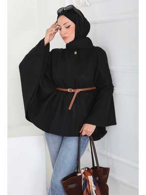 Tofisa Siyah Sıyah Tek Düğmeli Kemerli Kaşe Panço