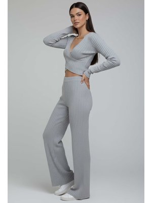 Tofisa Gri Grı Zincirli Crop Pantolon Kaşkorse Takım