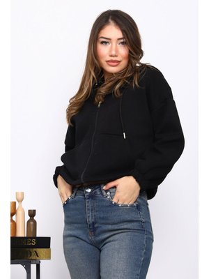 İmaj Butik Siyah Sağ Kol Fermuarlı Cepli Üç İplik Sweat Hırka