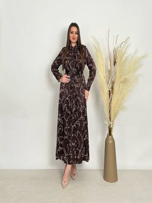 De White`s Büyük Beden Gömlek Yaka Büzgü Düğmeli Kemerli Elbise Kahve