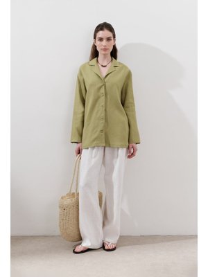 MANUKA Keten Geniş Kollu Gömlek Elma Yeşili