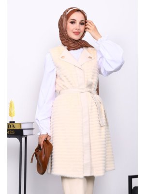 İmaj Butik Krem Deri Detaylı Kemerli Yelek