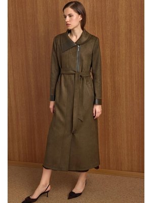 Olcay Devrik Yaka Fermuar Kapamalı Deri Garnili Süet Görünümlü Kap K.haki