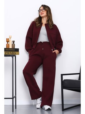 İmaj Butik Mürdüm Üç İplik Sweat Hırka Pantolonlu Takım