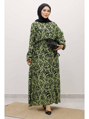 Tesettür Dünyası Fıstık Yeşili Beli Lastikli Yarasa Kol Viskon Elbise