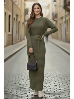 Benguen Haki Palmiye Fileli Triko Elbise