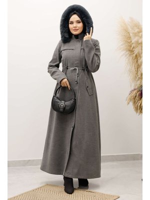 Tesettür Dünyası Gri Beli Büzgülü Kaşe Kaban