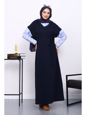 İmaj Butik Lacivert Garnili İki İplik Gömlek Elbise