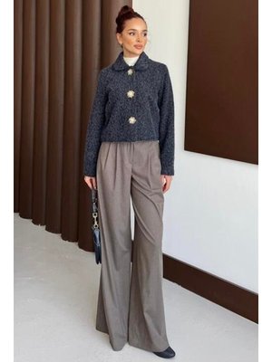 Podyumplus Lacivert Tedy Çiçek Düğmeli Ceket