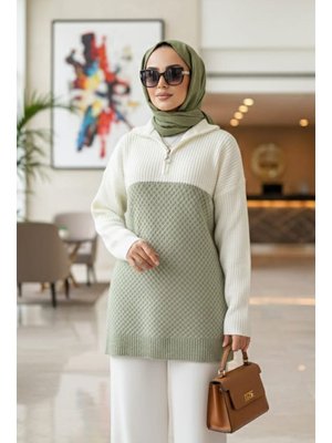 Neva Style Blok Renkli Çağla Yeşili Triko Kazak Tunik 87501cy