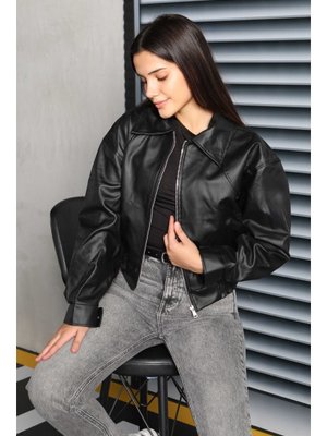 Tofisa Siyah Sıyah Beli Lastikli Deri Ceket