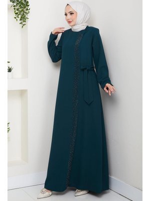 Hafsa Mina Gizli Fermuarlı Yandan Bağlamalı Boncuklu Ferace Zümrüt