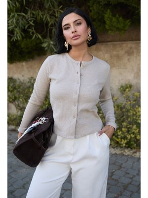 InStyle Basic Düğmeli Bej Waffle Hırka
