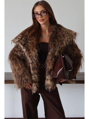 Olcay Mendil Yaka Saçaklı Leopar Desen Suni Kürk Ceket Kamel