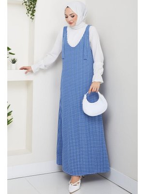 Hafsa Mina Mavi Kaz Ayağı Desen Jile Elbise