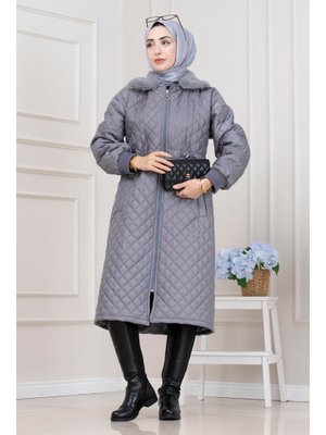 Sevitli Gri Yakası Kürklü Capitone Mont