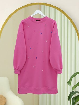 Podyumplus Pembe Yuvarlak Yaka Kalp Desenli Penye Tunik