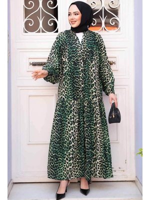 Neva Style Leopar Desenli Yeşil Elbise 52942y