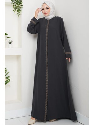 Hafsa Mina Füme Çiçek Nakışlı Büyük Beden Ferace