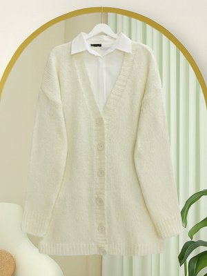 Podyumplus Ekru Önü Düğmeli Örme Triko Hırka